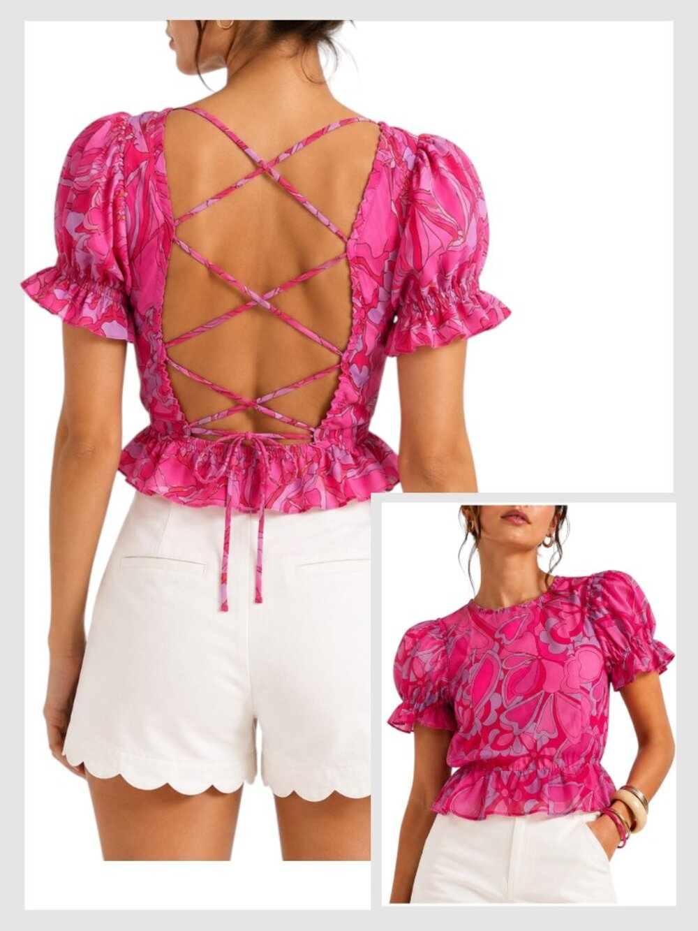 Show Me Your Mumu Daiquiri Peplum Top Candy Heart Pink Lace-Up XS